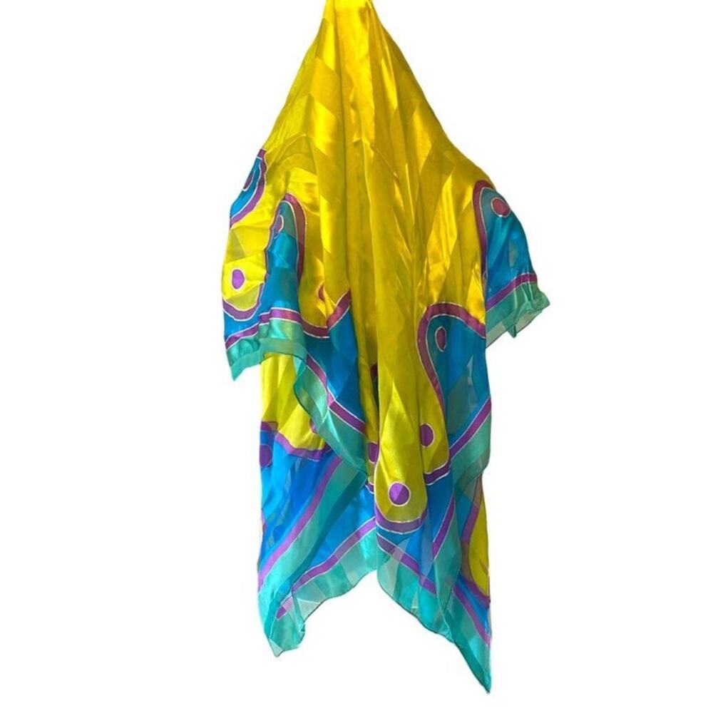 Adrienne Vittadini Yellow Blue Purple Silver Swirl and dot Scarf